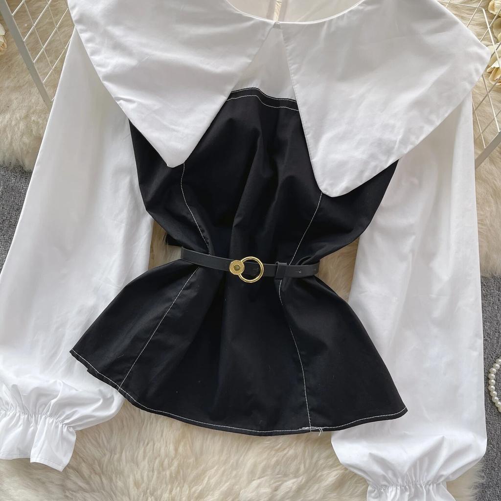 Korean Series Short Shirts for Women, Puff Sleeve Top, Large Lapel, Contrast Color, Patchwork, Early Spring Wear, New Fashion