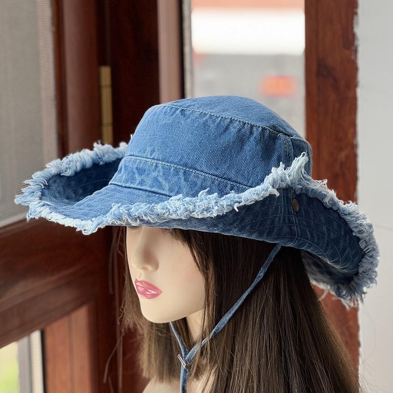 New retro casual washed denim bucket hat women's fashion outdoor mountaineering hat simple sunshade sunscreen hat
