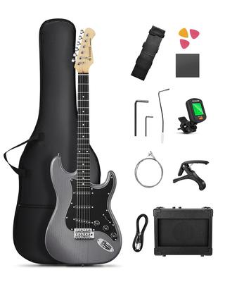 Набор электрогитары Donner DST-80B матового черного цвета для начинающих, тип ST, звукосниматели SSS, полноразмерная 39-дюймовая, с мини-усилителем, чехлом, тюнером и набором из 9 предметов