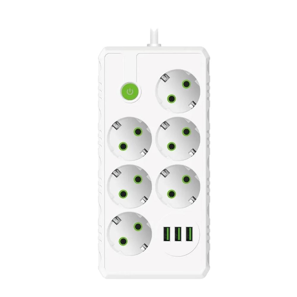 Розетка европейского стандарта 2/4/6 розеток, удлинитель с несколькими ответвлениями, электрическая розетка, удлинитель 2 м с 3 портами USB, максимальная мощность 2500 Вт, 1 выключатель