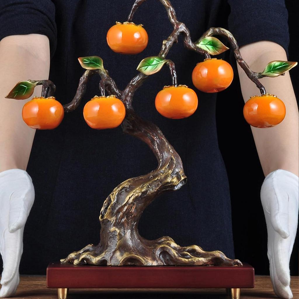 Aris & Juno Hand-Painted Copper Persimmon Tree Sculpture, Traditional Chinese Everything Goes Well Blessing Statue, Feng Shui Office Desk Home Living