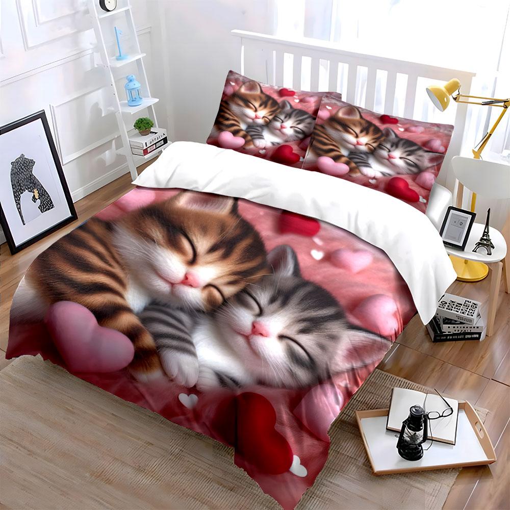 Cute Sleeping Tabby Kitten Bedding Set 3pcs, Pink Fluffy Heart Baby Cat Print Soft Duvet Cover,Adult and kids room decor,Gift