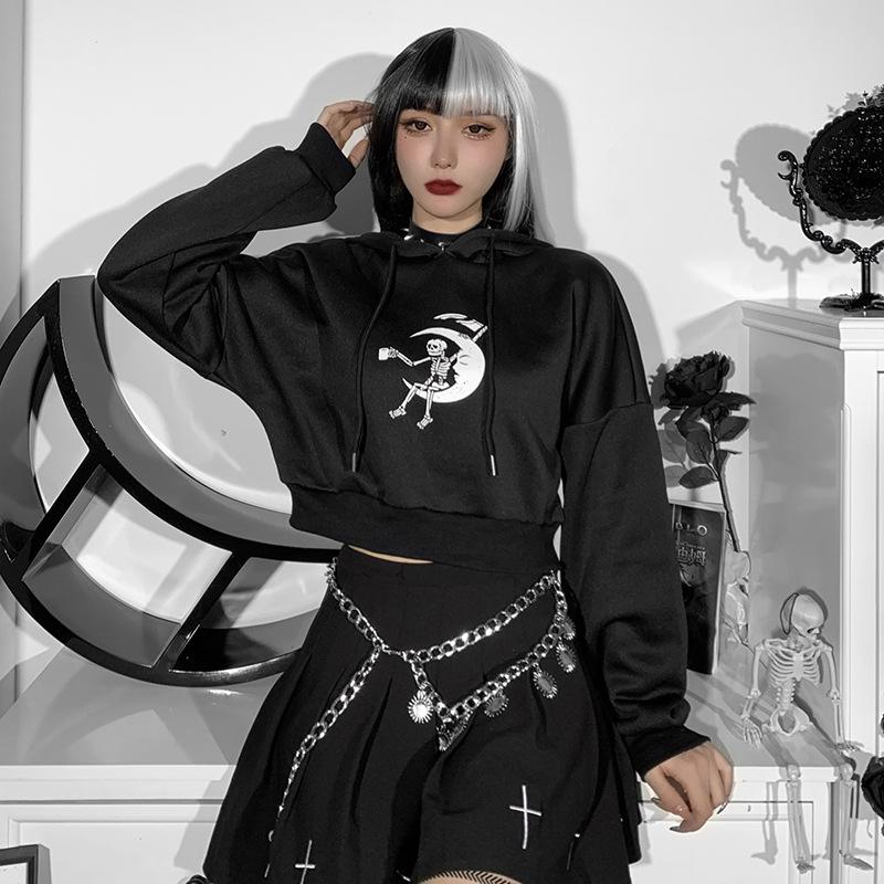 Готический укороченный топ Лолита, темные толстовки с принтом черепа, короткий свитер с капюшоном и длинными рукавами, осенне-зимний укороченный топ