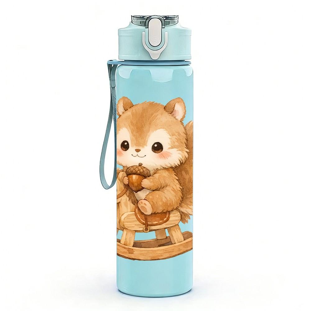 1PC Squirrel On Rocking Horse Print 750ml Color Plastic Sports Water Bottle Leakproof Flip Straw Lid Suitable for Sports Office Home Use