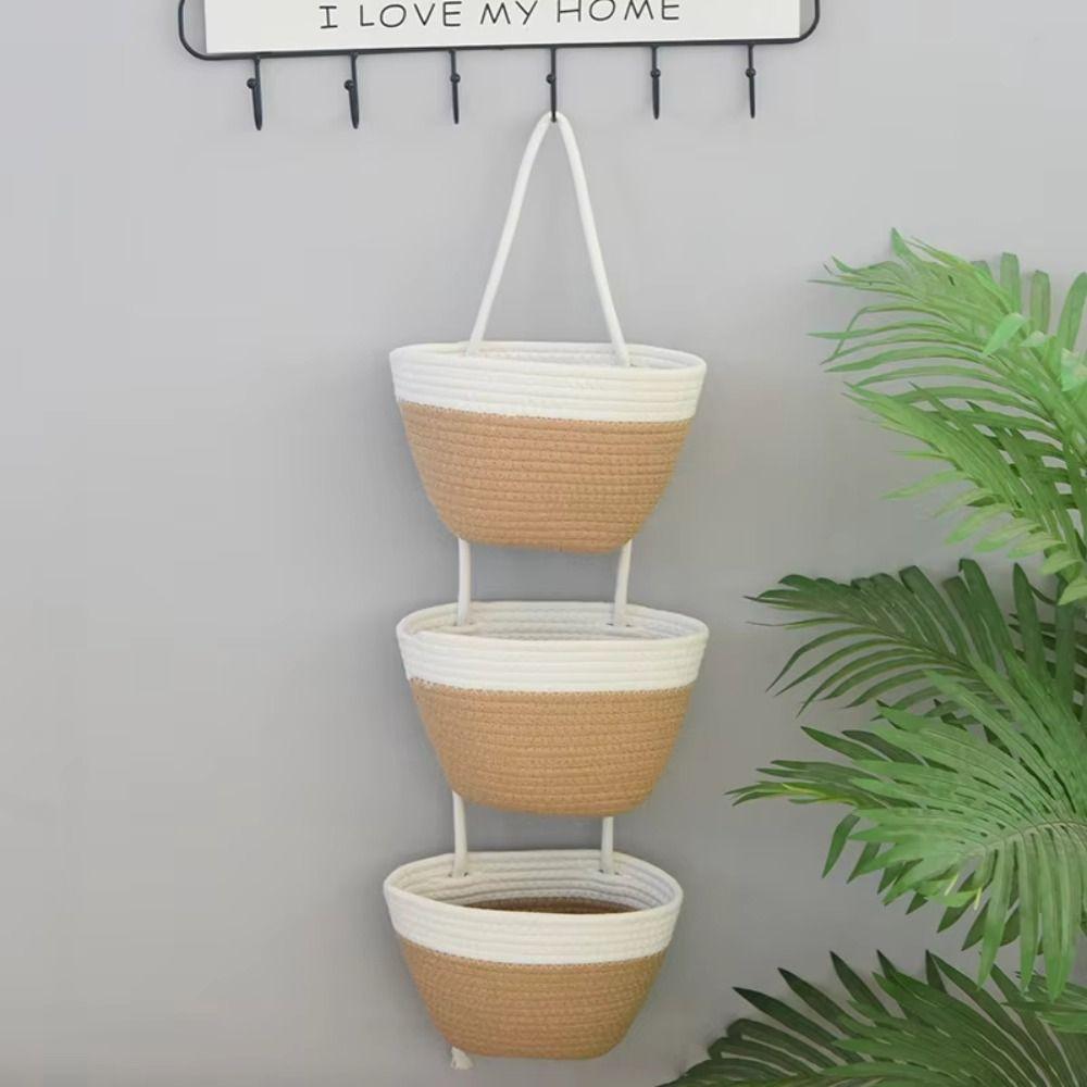 3-Tier Multi Pocket Hanging Baskets Handwoven Wall Hanging Pouch Wall Mount Storage Bag Bathroom