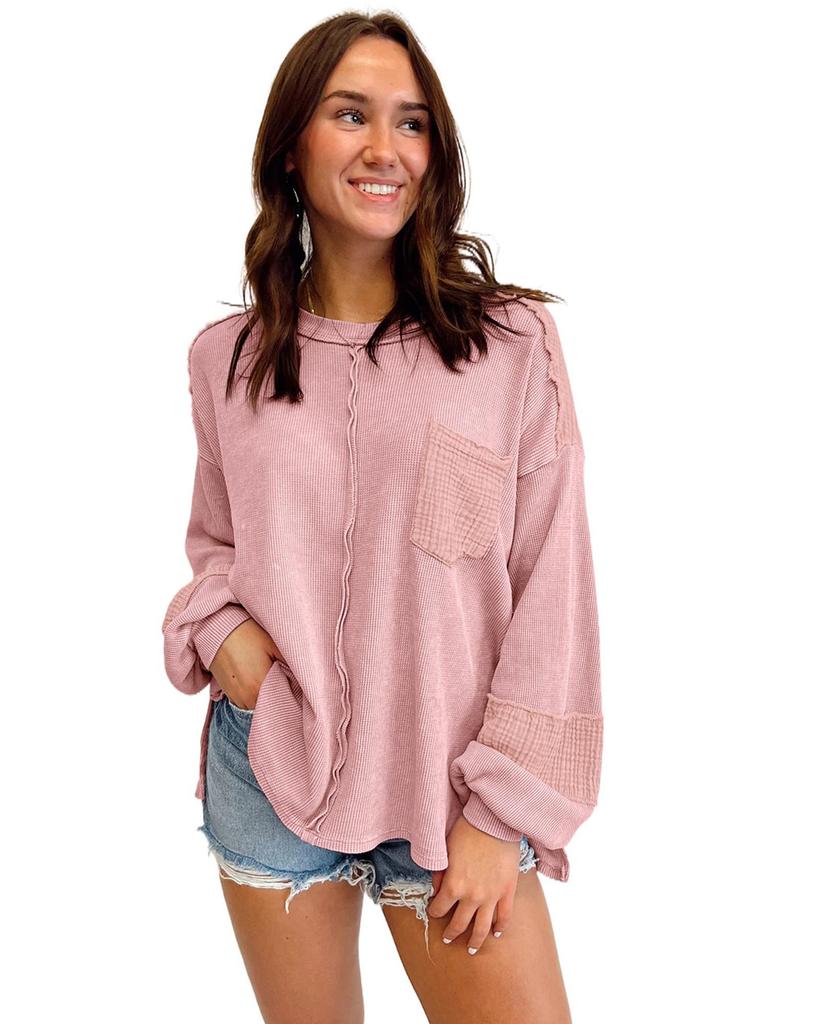 Azura Exchange Pink Exposed Seam Patchwork Bubble Sleeve Waffle Knit Top