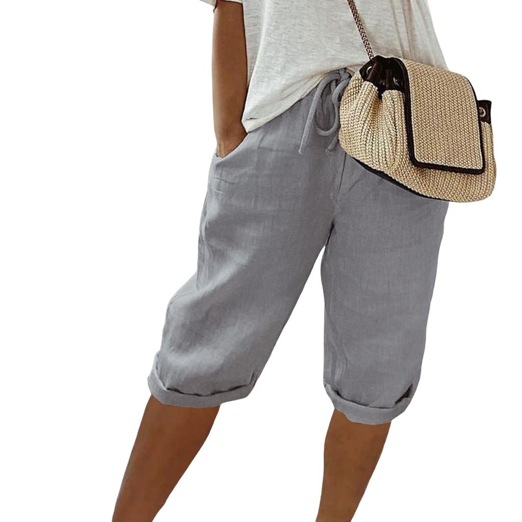 Брюки с эластичной талией, винтажный стиль, дышащие брюки длиной до колена с карманами для женщин, брюки с эластичной талией и завязками, однотонные