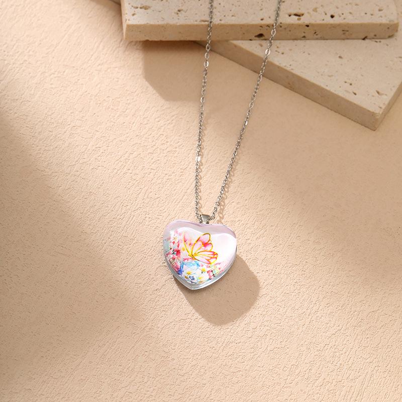 Новое Сердце Бабочка Нежное Стекло Реверсивный Кулон Ожерелье Цветок Простой Нишевый Женский