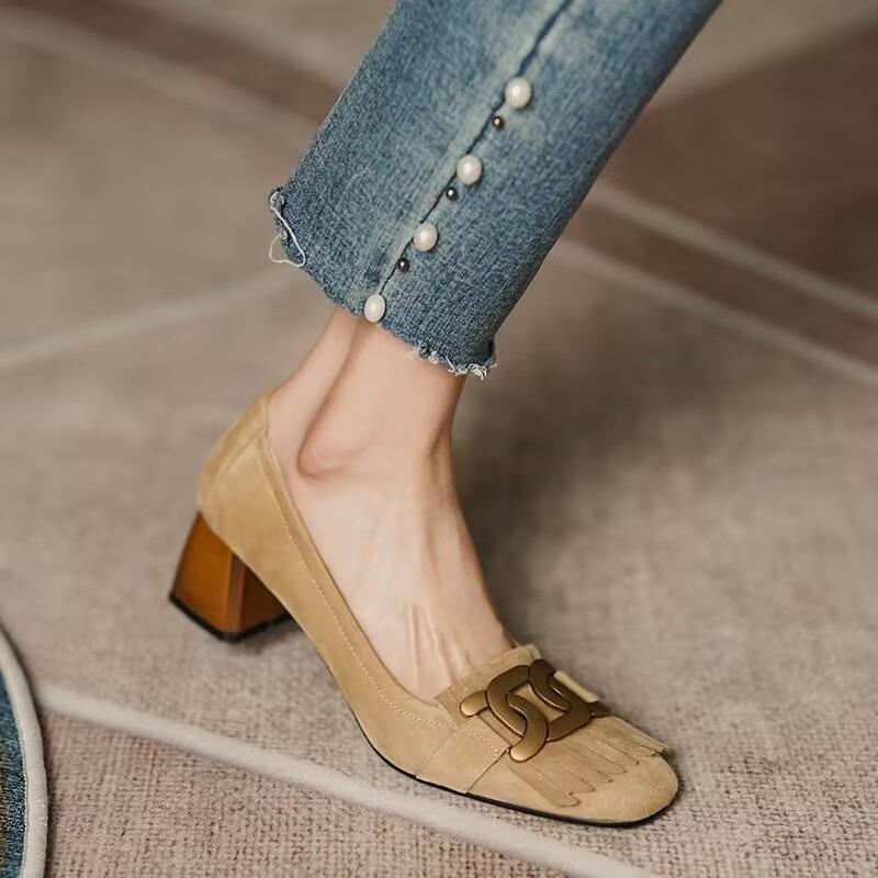 Fashion Retro Women Shoes Spring Summer French Retro Metal Buckle Single Shoes Thick Heel Women Shoes All-match High Heels