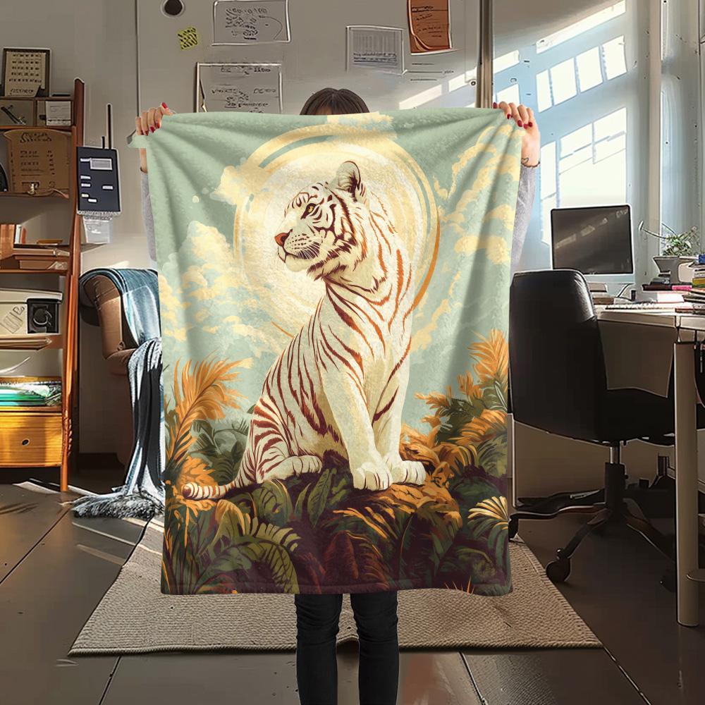 White Tiger Print Flannel Blanket, High quality Comfortable for All Seasons, Home Decor, Warmth and Comfort