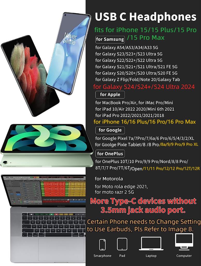 Проводные наушники MACLE Type-C с микрофоном, для звонков, с глубоким басом, магнитные, совместимы с iPhone 16 Pro Max Plus, iPad Pro Mini 6 (10-е поколение),