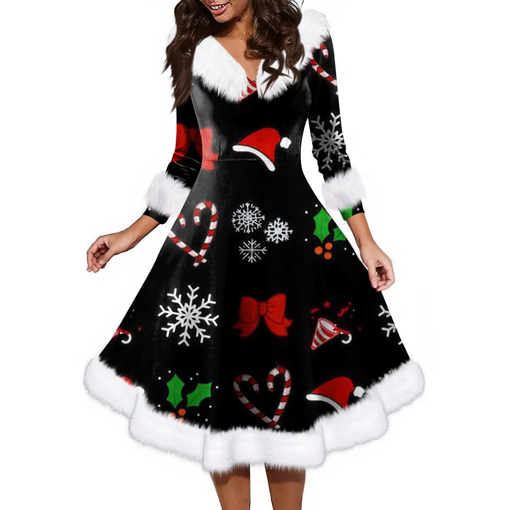 Женское модное повседневное платье с v-образным вырезом и рождественским принтом для вечеринки с длинными рукавами
