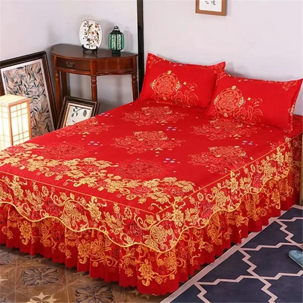 Solid Color Bed Skirt 1pcs Cover Bedroom Bed Cover Bed Skirt with 2pcs Pillowcase Non-slip Mattress Cover Bedsheet Bedspread