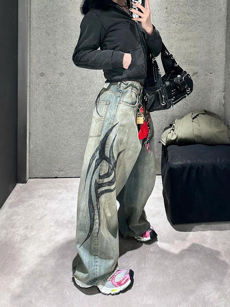 Джинсы American Gothic Print Blue Wash Y2K Осень Зима Ретро Хип-Хоп Свободные Повседневные Модные Уличные Прямые Джинсы С Высокой Талией