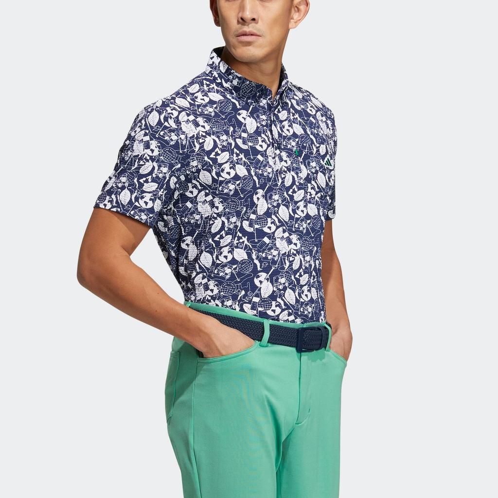 Adidas Рубашка с коротким рукавом с принтом и острым воротником, мужские топы, морской синий HS9055
