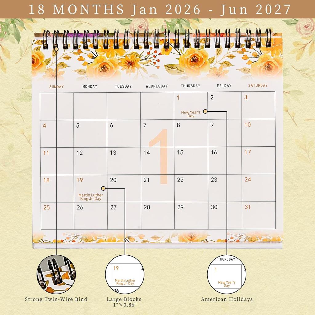 Desk Calendar 2026-2027, Small Desktop Calendar 6.8" x 8"with Floral Design, 18-Month Flip Calendar with Daily Blocks for Teacher, Office & Home,