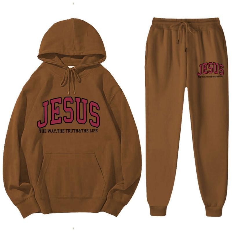 Men Women Casual Hooded Sweatshirt Set With Letter Print Long Sleeve Top Pants Sportwear