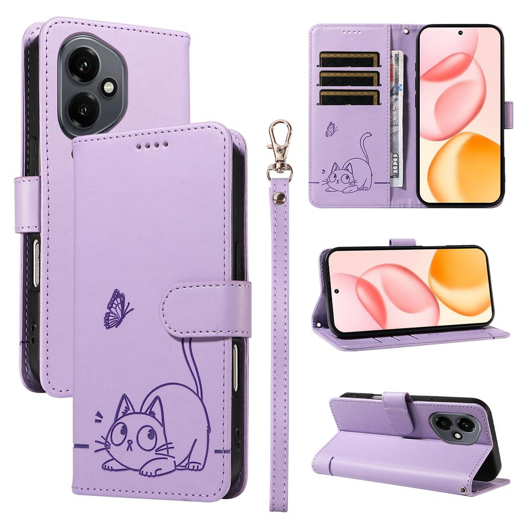 Для Honor 400 5G (Глобальный) Чехол Кошачий узор Тиснение Кожаный Чехол для телефона с ремешком на запястье