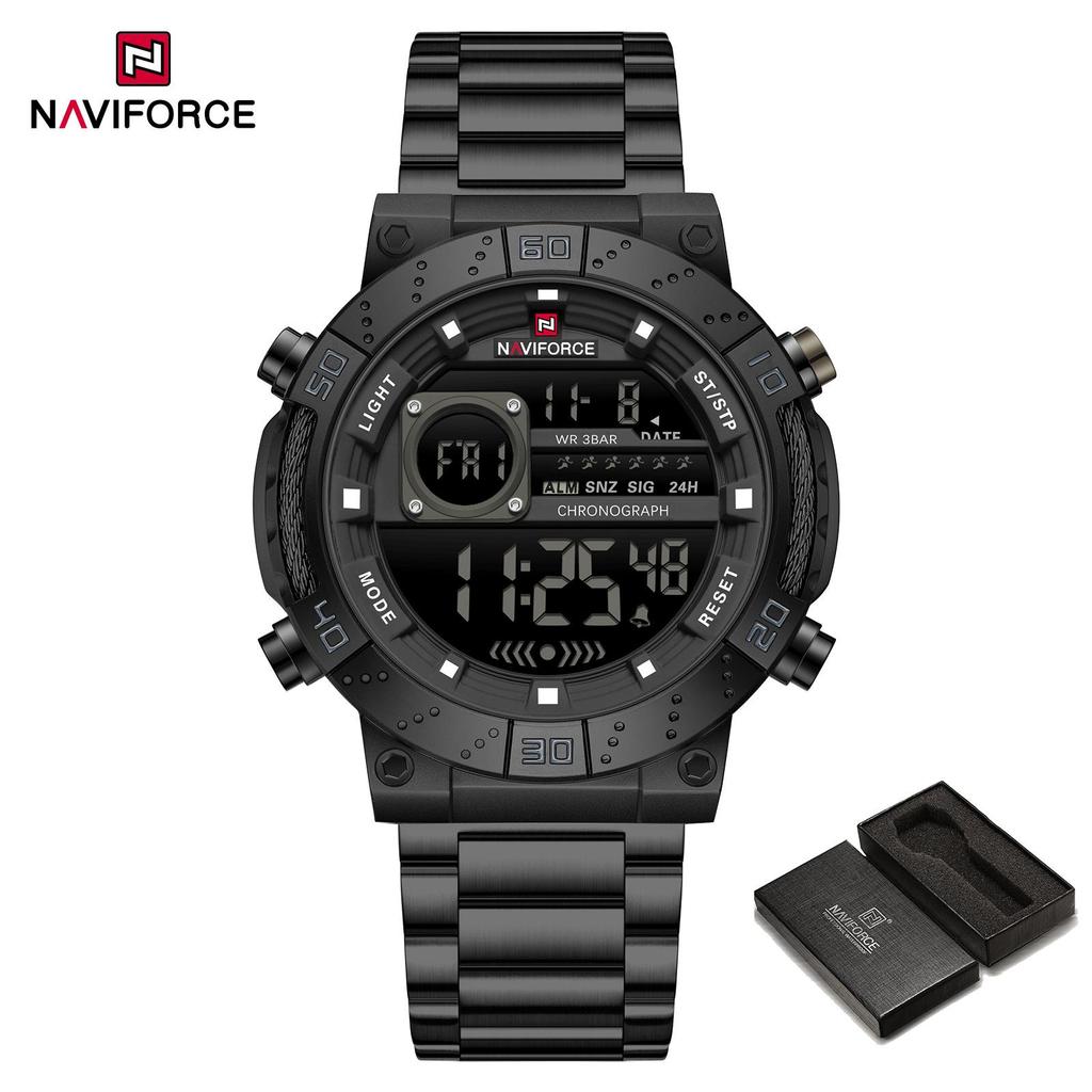 Naviforce ЖК-цифровые часы для мужчин с датой, хронографом, будильником, ремешком из нержавеющей стали, водонепроницаемые, ночной режим, многофункциональные мужские часы NF9241S