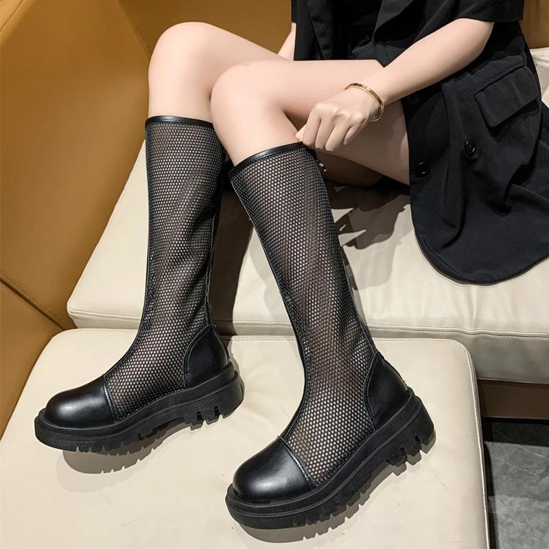 Модные дышащие вязаные женские сетчатые ботинки на среднем каблуке с круглым носком, летние ботфорты до колена, сандалии ботинки Sandalias De Mujer