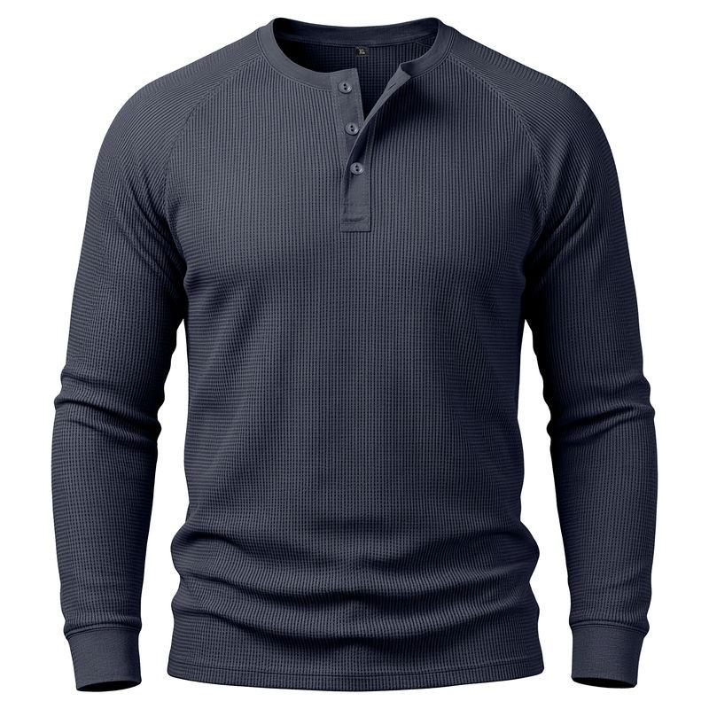 Мужская повседневная футболка-henley с длинным рукавом, однотонная, базовая