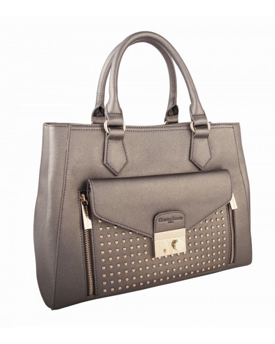 Sac à main - Christian Lacroix - Taupe - Saffiano - Clous en métal - 32x27x14 cm