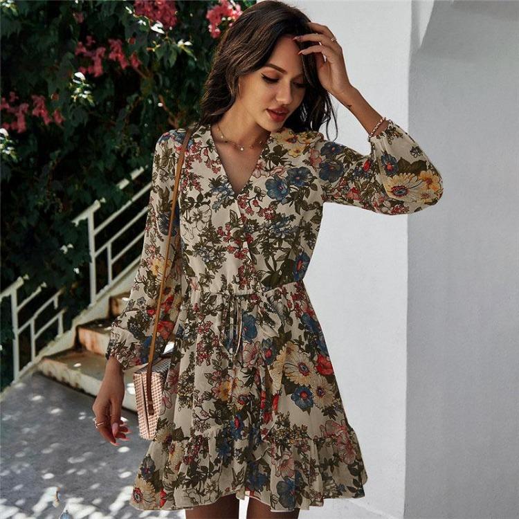 Summer Floral Print Mini Dress Women Sleeve Chiffon A-Line Lace Up High Waist Spring Black White Navy S-XXL