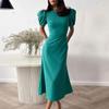 Spring New Women's Solid Color Round Neck High Waist Slim A-line Dress
