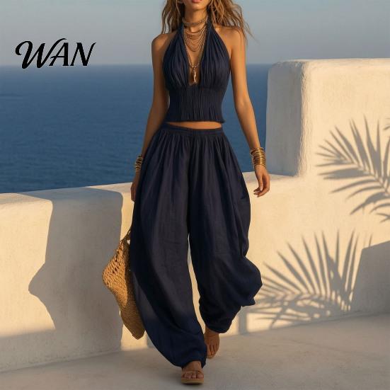 V-neck Women Top Women's Halter Sleeveless Summer 2 Piece Sets, Pleated Ruffle Backless Simple Clothing Set V Neck And Wide Leg Pants Matching Outfits