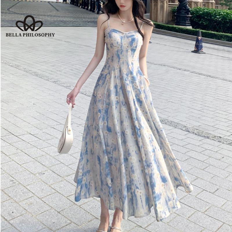 French Blue Oil Painting Long Dress Beach Dress Floral Sling Dress Women's Summer Fairy Style Casual Party Dress