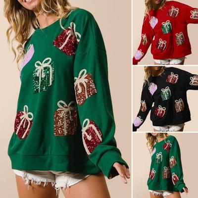 Женская рождественская толстовка с пайетками, подарочная коробка, узор, цветной круглый вырез, длинный рукав