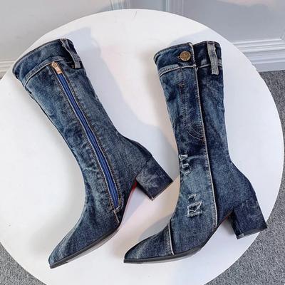 Женские сапоги Новые джинсовые сапоги до колена с толстым каблуком и заостренной боковой молнией Джинсовые короткие сапоги Женская обувь на высоком каблуке