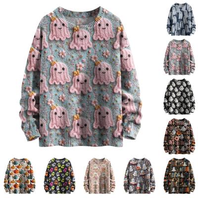 Свитшоты на Хэллоуин для женщин, вязаный свитер, милая рубашка, осенний свитер с круглым вырезом, топы