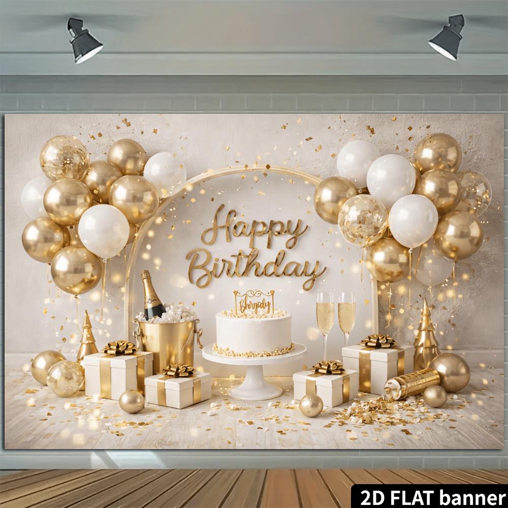 2D planar birthday party banner background - Luxury platinum birthday celebration theme, made of polyester material