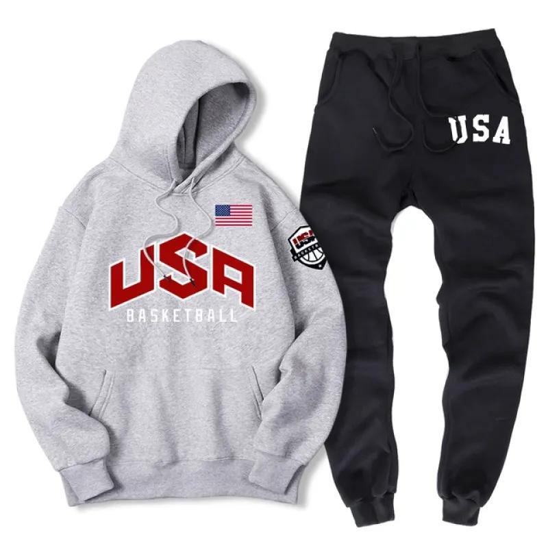 США баскетбольная уличная спортивная одежда с принтом спортивный костюм мужской теплый комплект из двух предметов свободная толстовка с капюшоном брюки комплект спортивный костюм с капюшоном