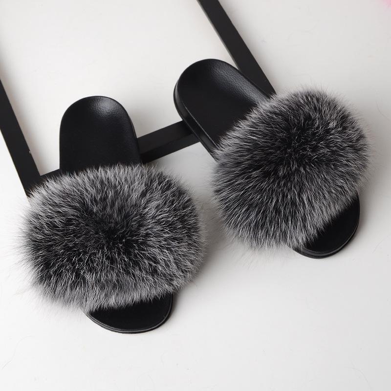 Furry Slippers for Women The Same Style In Summer Real Fox Fur Slippers Plus Size Female Sandals