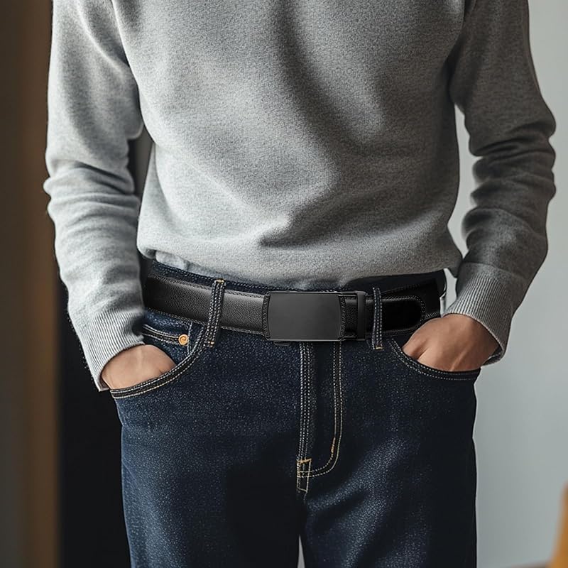 [MACOKING] Ремень мужской большой размер повседневный деловой из натуральной кожи с автозамком ремень джентльмена для гольфа Бесступенчатая регулировка костюмный брендовый ремень для мужчин Без отверстия черный