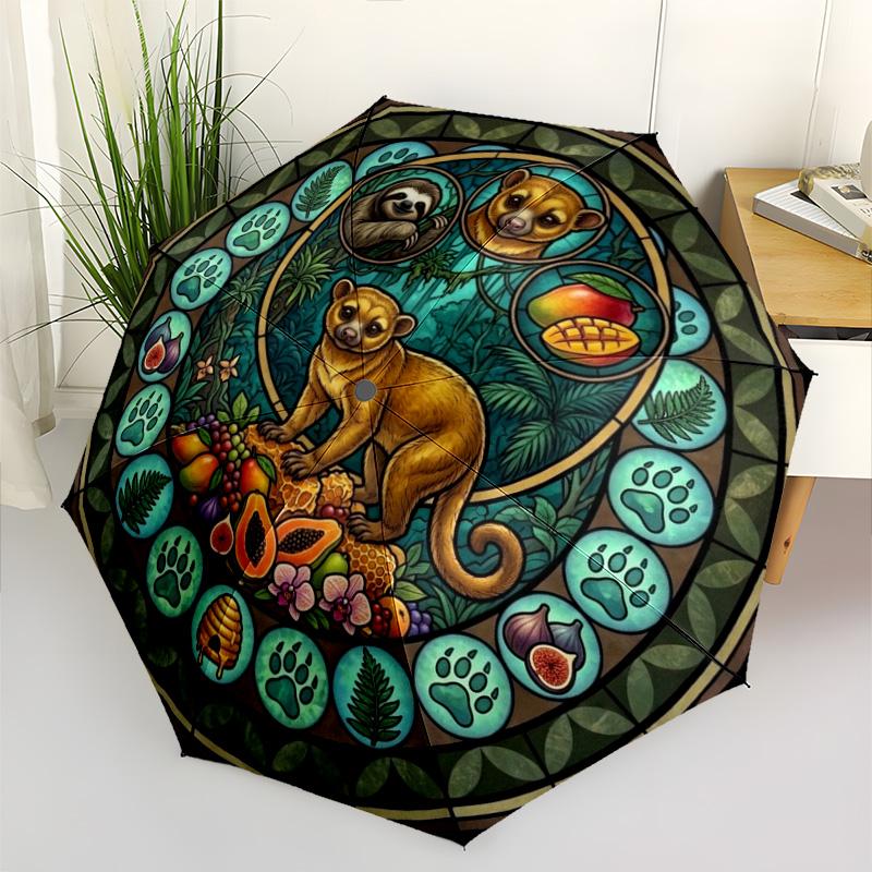 Rainforest Wildlife Glass pattern umbrella, portable and foldable design, 8 ribs, a casual accessory for Halloween, Christmas, and birthday gifts.