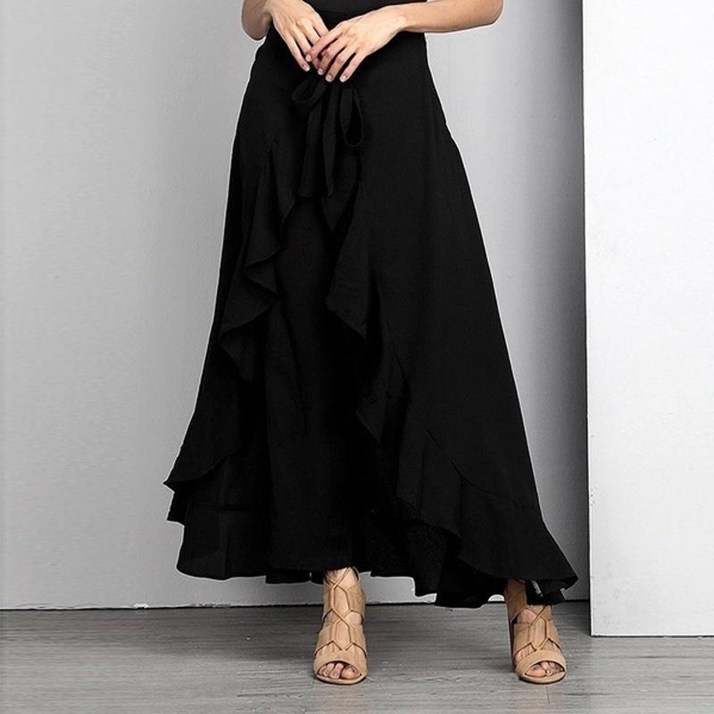 Модные женские шифоновые брюки с завязками на талии, длинные брюки чистого цвета, женские широкие свободные брюки с юбкой