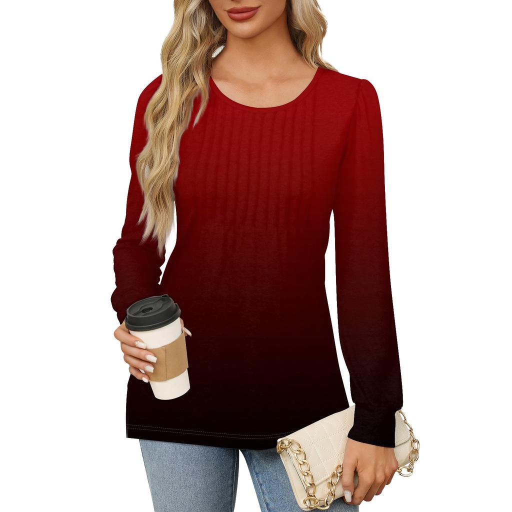 Женская повседневная плиссированная футболка с круглым вырезом и длинными рукавами с градиентным принтом