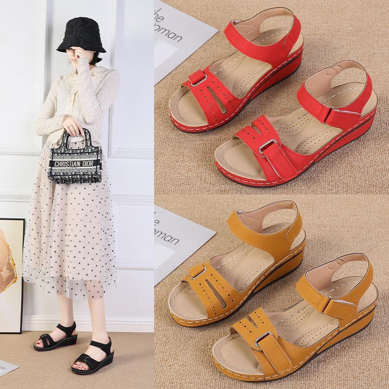 2025 new foreign trade sandals women 2025 slope heel Velcro thick sole large size with sandals in stock