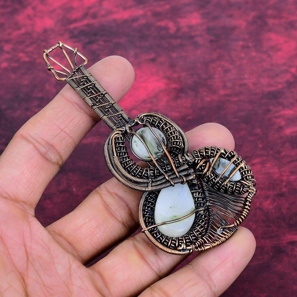Rainbow Moonstone Pendant Gemstone Jewelry Copper Wire Wrapped Guitar Pendant