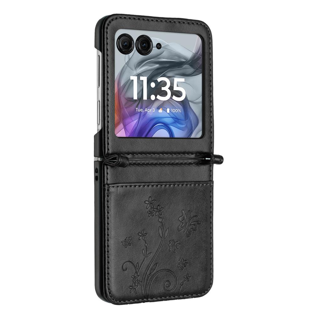 Кожаный чехол для Motorola Razr 60/50 5G с тиснением в виде бабочки и цветка, чехол для телефона с ремешком