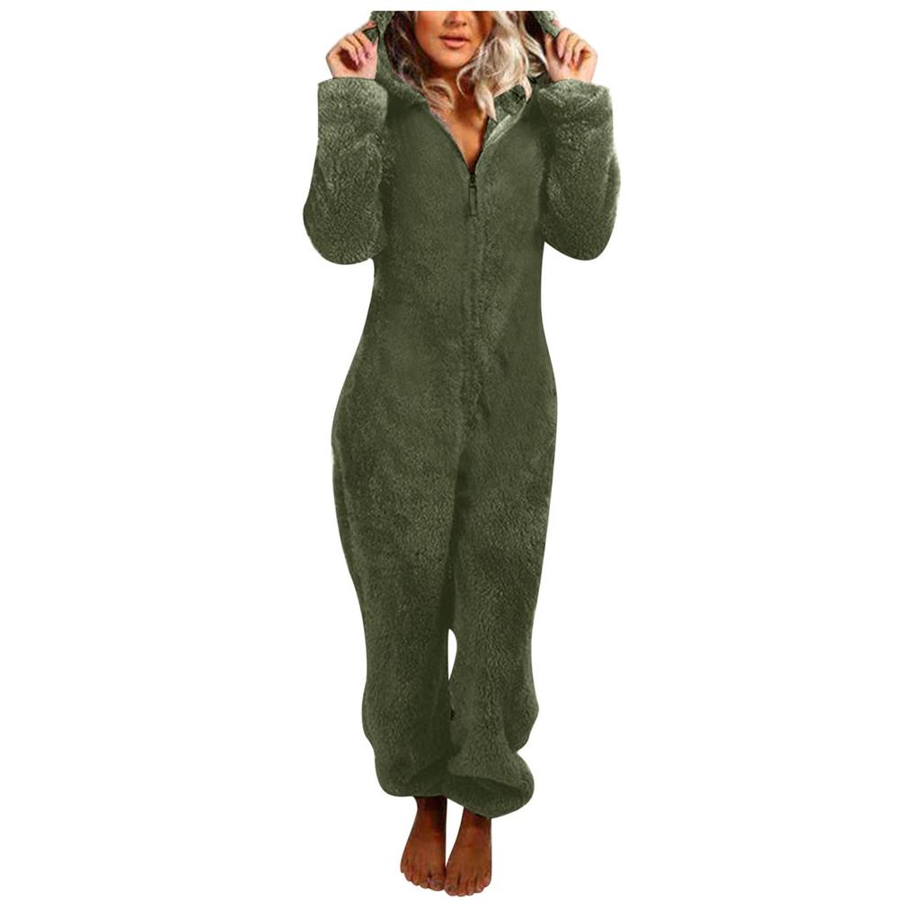 Women Long Sleeve Hooded Jumpsuit Pajamas Casual Winter Warm Rompe Sleepwear