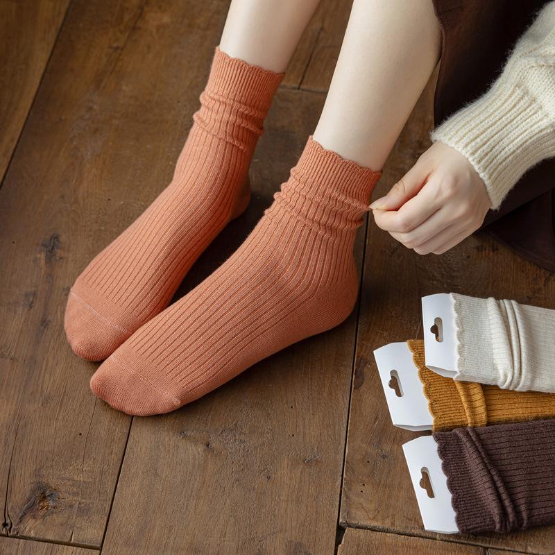 5/10 Pairs Autumn Winter Wool Socks for Women: Mid Calf Socks Fashionable Warm Versatile Pile Socks Solid Color Lace Socks Loose Fit Cashmere Socks