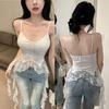 French Style Spicy Girl Lace Patchwork Camisole Vest with Chest Cushion Slim Fit Irregular Ribbon Top for Women