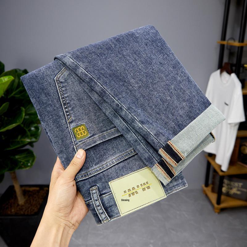 Мужские вышитые джинсовые брюки гаремного кроя слим фит на весну/лето 2023 - Сине-серый