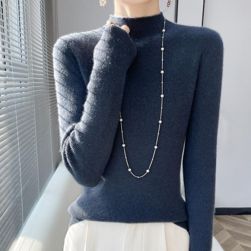 Autumn and Winter Half Turtleneck Bottoming Shirt Women's Sweater with Long Sleeves Andy Velvet Slim Knitted New Tight Top Middle Collar