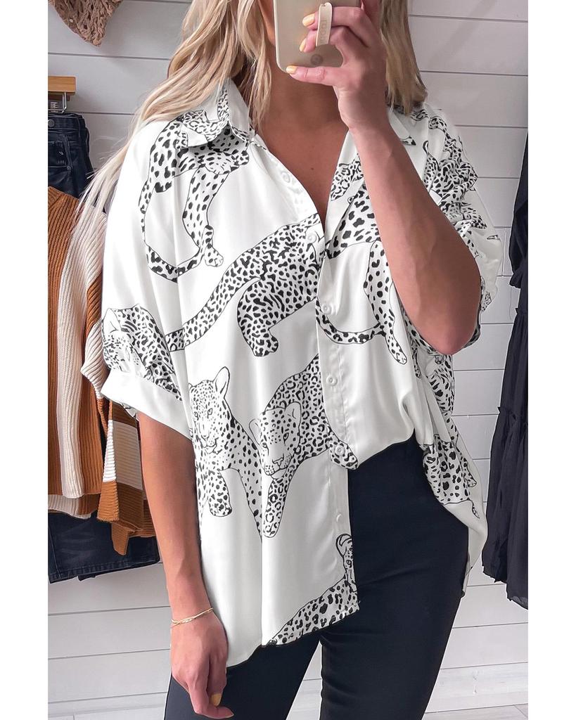 Azura Exchange Бежевая рубашка с принтом гепарда на пуговицах и коротким рукавом