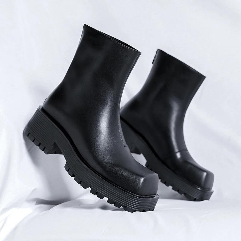 Модные черные ботинки челси с квадратным носком на платформе, каблук с застежкой-молнией, короткие ботинки, мужские высокие кожаные ботинки, мотоциклетные ботинки, мужская обувь